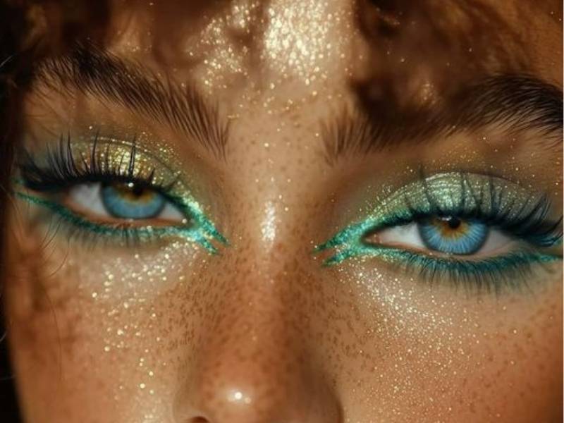 آرایش چشم با سایه متالیک سبز که یکی از جدیدترین مدلهای ترند آرایشی پاییز ۱۴۰۴ برای چشم است.