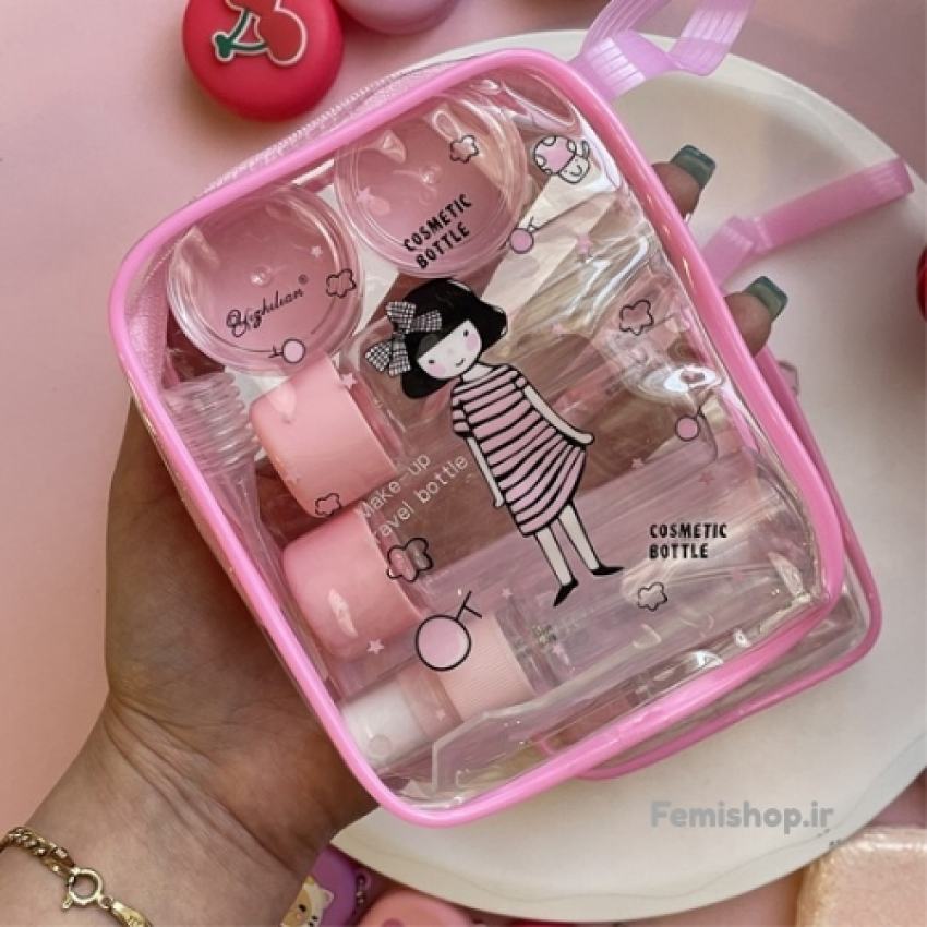 ست جای لوازم آرایش و بطری مسافرتی 7 تکه ست ظروف مسافرتی آرایشی صورتی داخل کیف شفاف