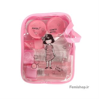 ست ظروف مسافرتی آرایشی صورتی داخل کیف شفاف